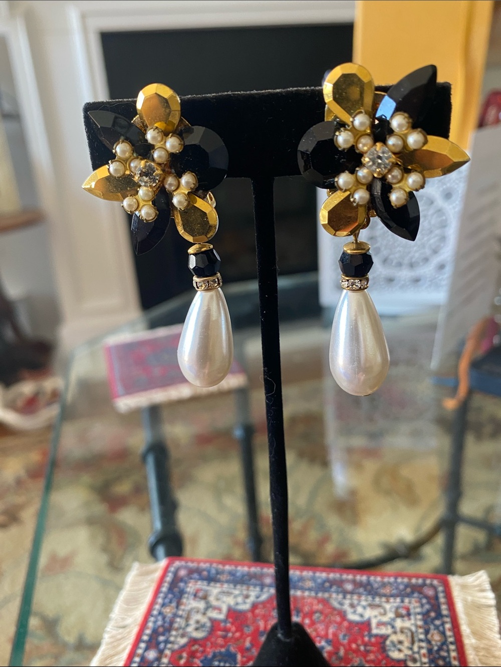 Gold & Black Pearl Drop Floral Statement Earrings